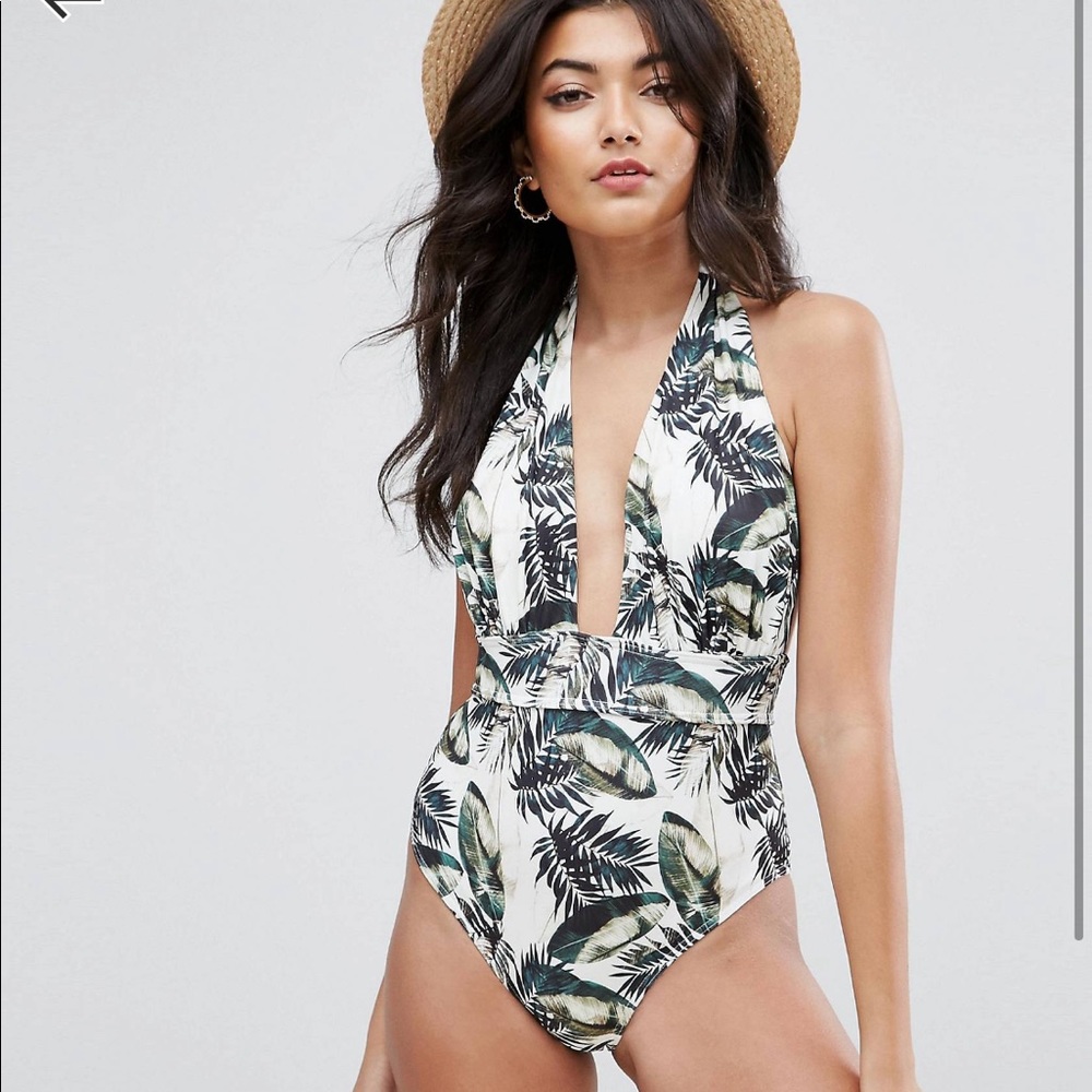 ASOS LAYERED palm plunge halter swimsuit size  0
